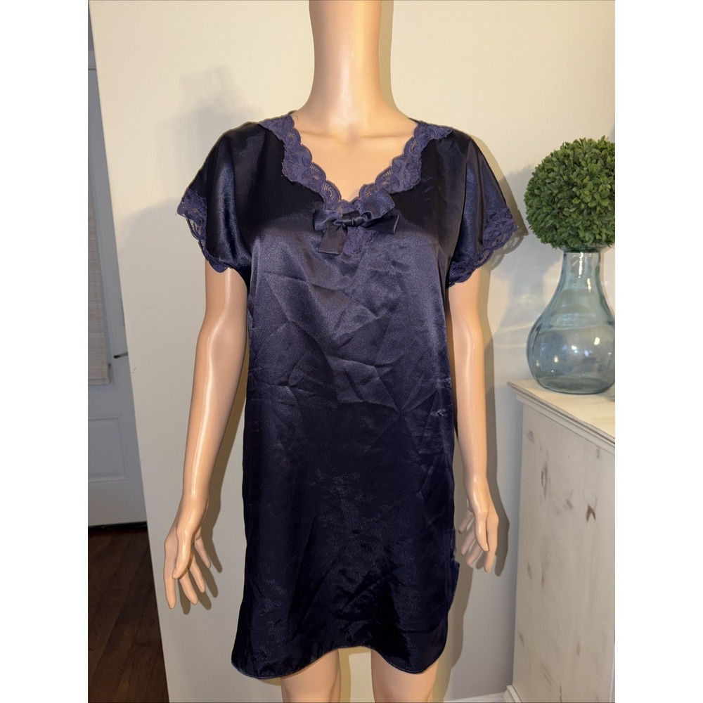 Vintage Victoria's Secret Gold Label Navy Blue Satin Feel Chemise Gown PSmall